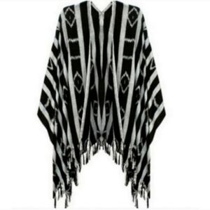 Ketzali Handwoven Long Poncho Wrap Aztec Striped Ikat Black & Gray